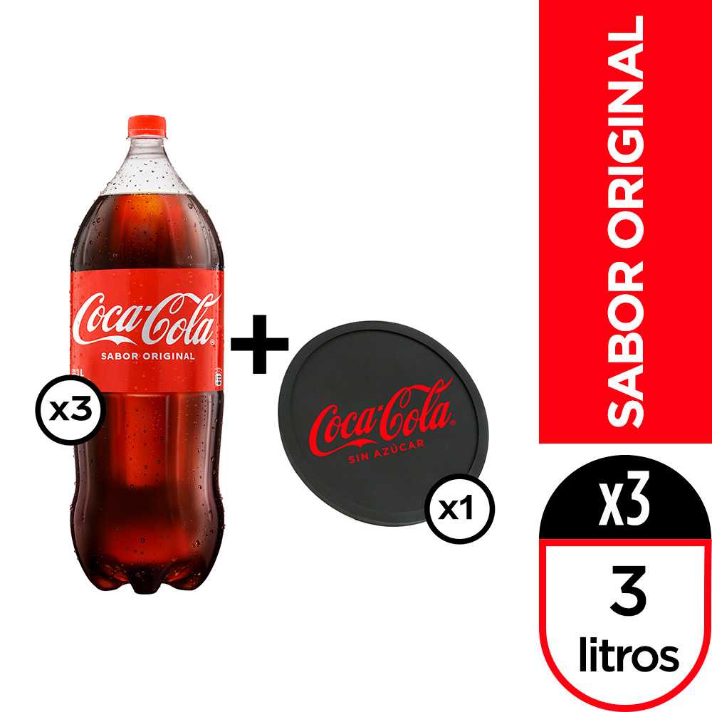 Coca-cola original 3 lt 3pack + posavasos coca-cola sin azúcar