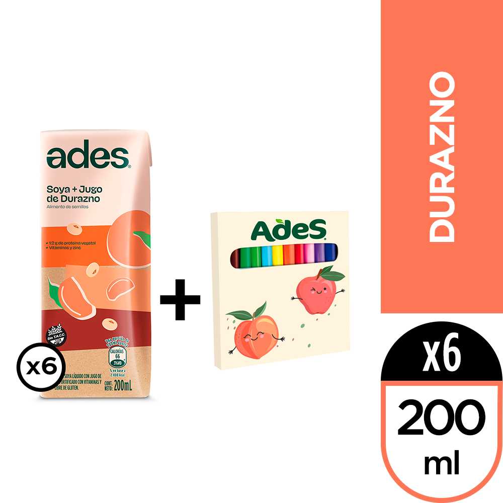 Ades durazno 200 ml 6pack + colores ades