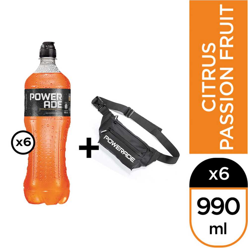 Powerade citrus passion fruit 990 ml 6pack + riñonera powerade