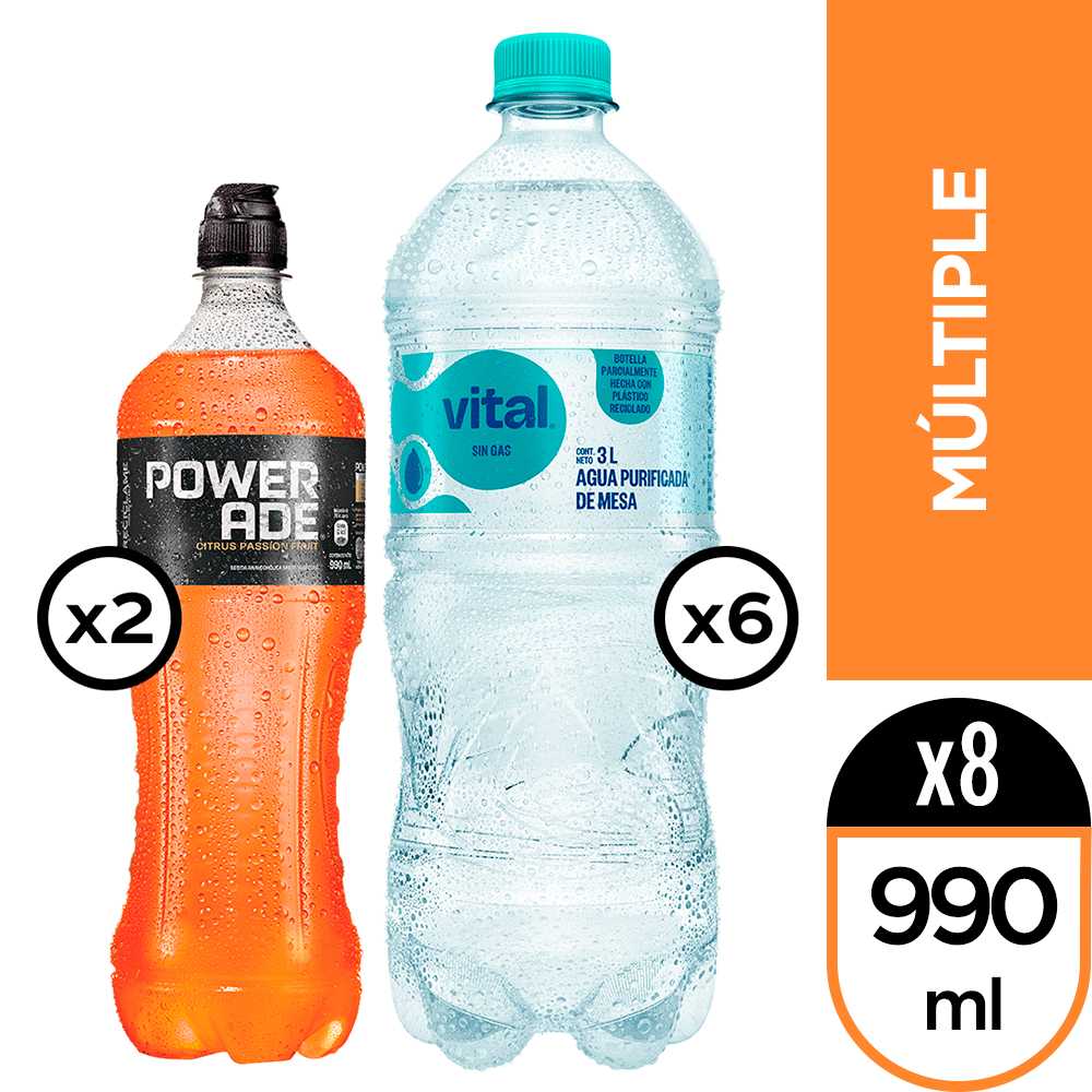 Vital sin gas 3 lt 6pack+ powerade citrus passion fruit 990 ml 2 pack