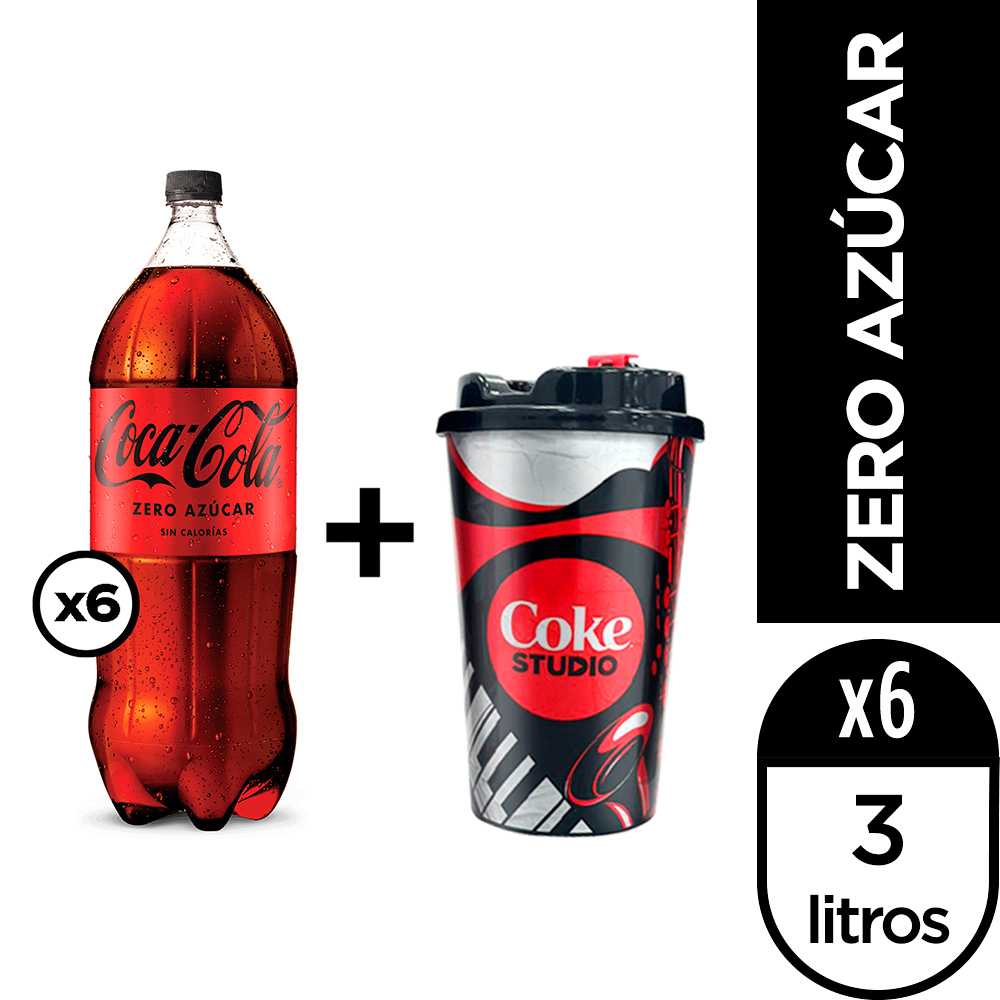 Coca-cola sin azúcar 3 lt 6pack + vaso coke studio