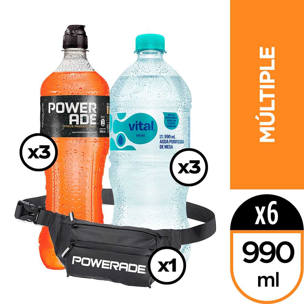 Vital sin gas 990 ml 3pack + powerade citrus passion fruit 990 ml 3pack + riñonera powerade