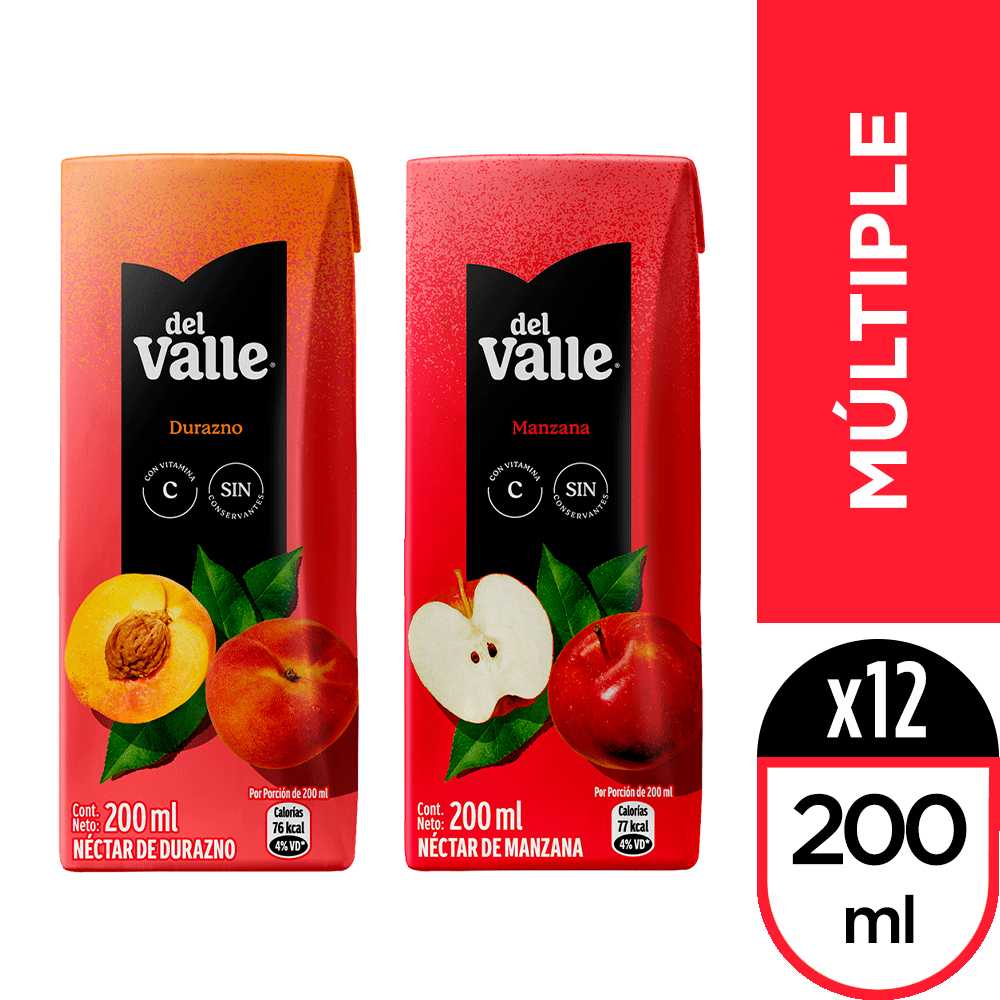 Del valle néctar durazno 200 ml 6pack + del valle néctar manzana 200 ml 6pack