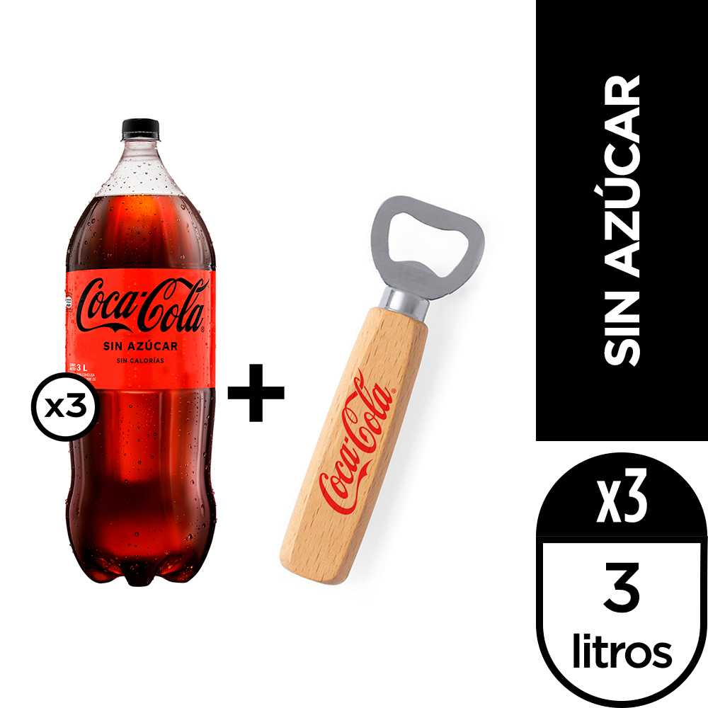Coca-cola sin azúcar3 lt 3pack + destapador coca-cola