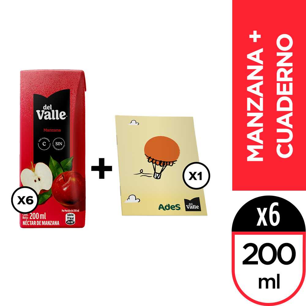 Del valle néctar manzana 200 ml 6pack + cuaderno del valle