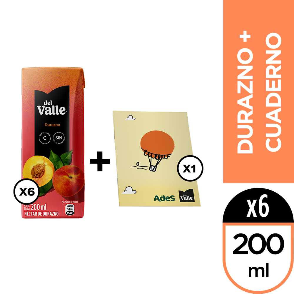 Del valle néctar durazno 200 ml 6pack + cuaderno del valle
