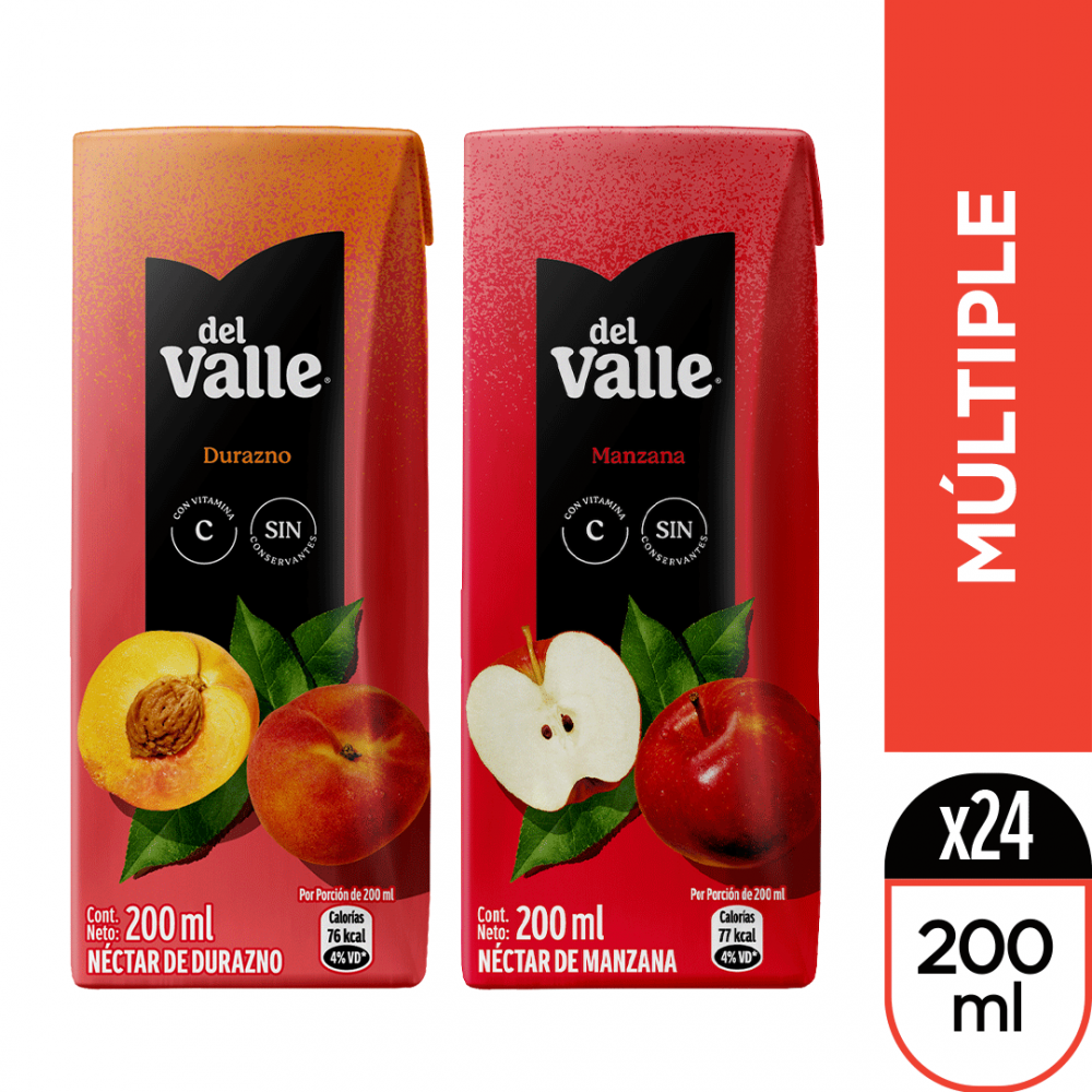 Del valle néctar durazno 200 ml 12pack + del valle néctar manzana 200 ml 12pack