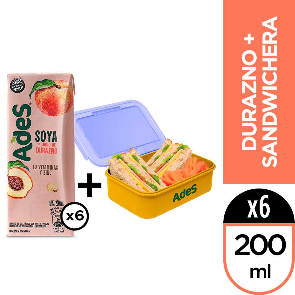 Ades durazno 200 ml 6pack + sandwichera ades