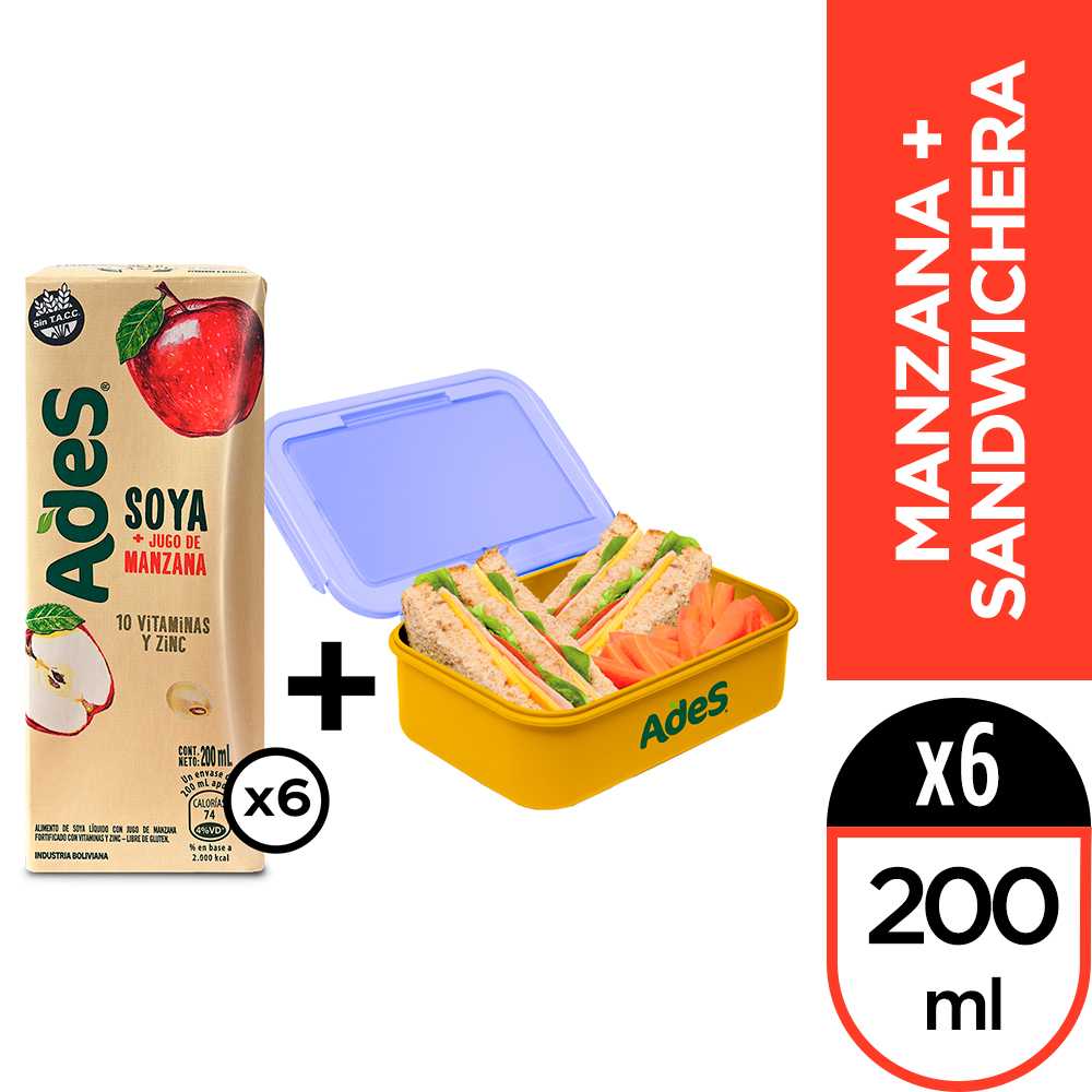 Ades manzana 200 ml 6pack + sandwichera ades