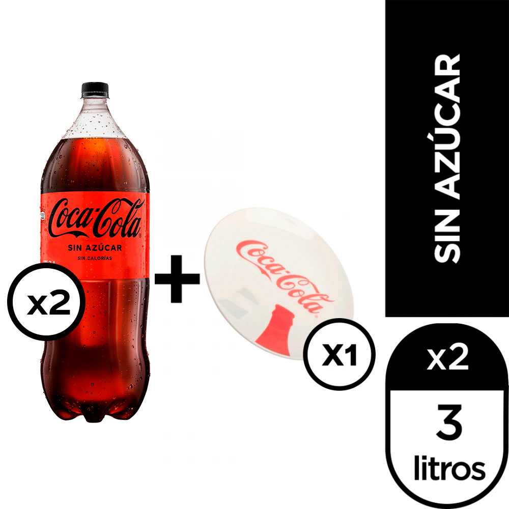 Coca-cola sin azúcar 3 lt 2pack + plato plano