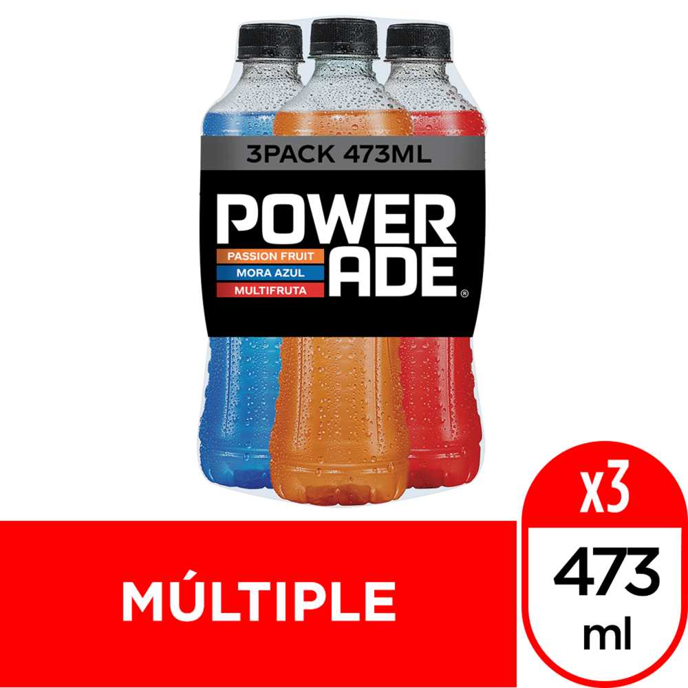 Powerade multifruta 473 ml + powerade mora azul 473 ml + powerade manzana 473 ml + botellón powerade mundial