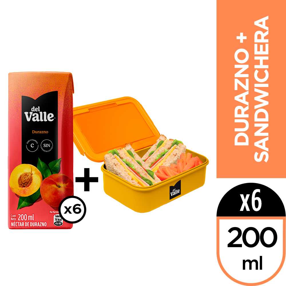 Del valle néctar durazno 200 ml 6pack + sandwichera del valle