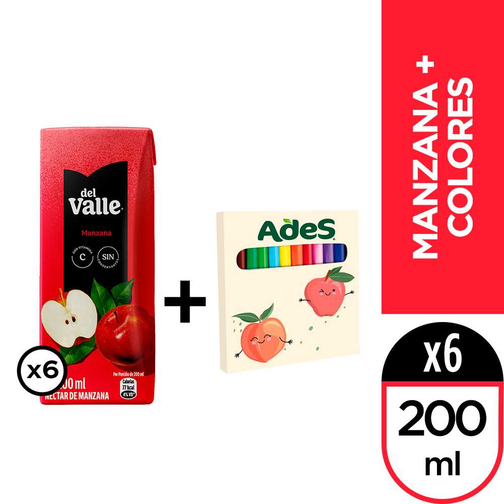 Del valle néctar manzana 200 ml 6pack + colores ades