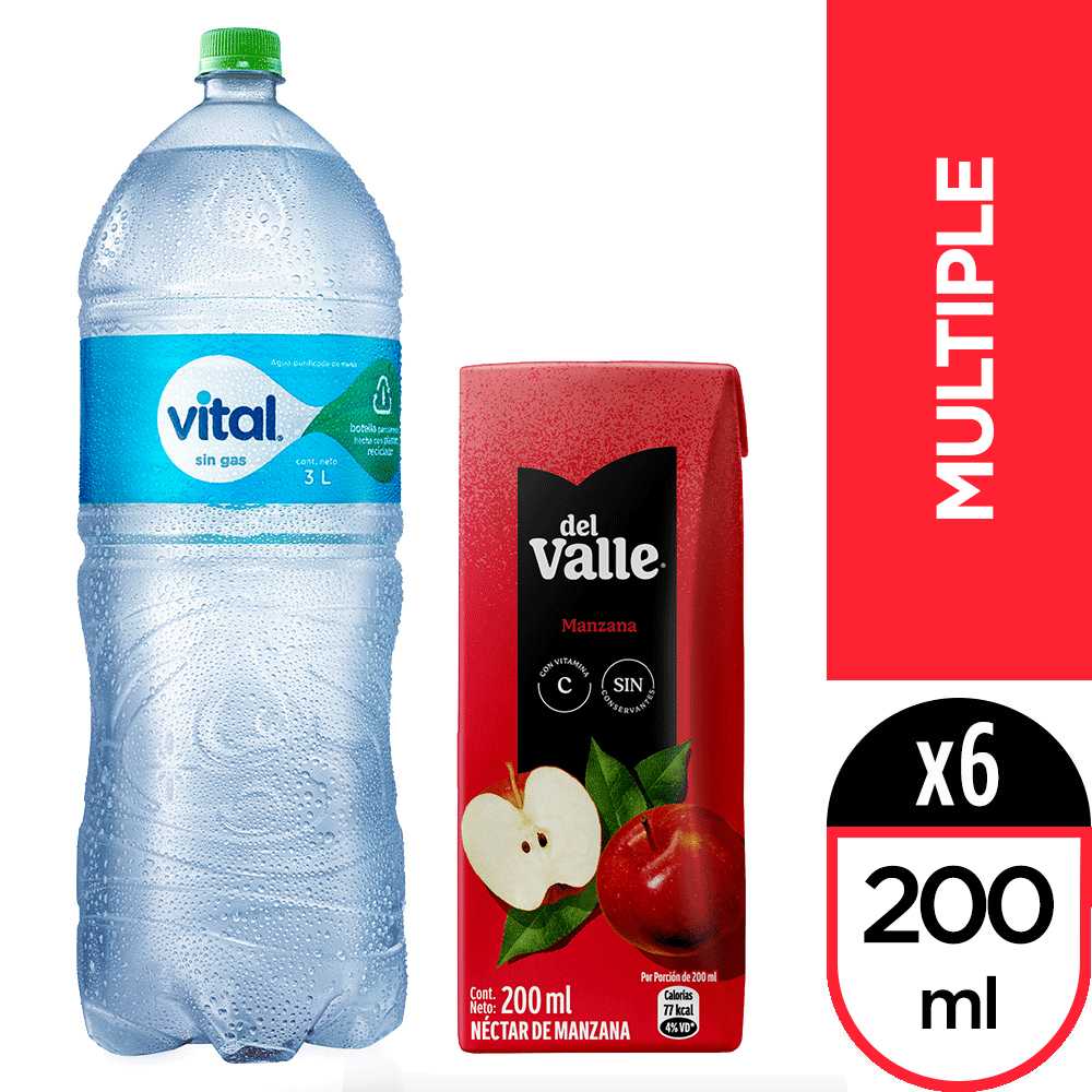 Vital 3 lt + del valle néctar manzana 200 ml 6pack
