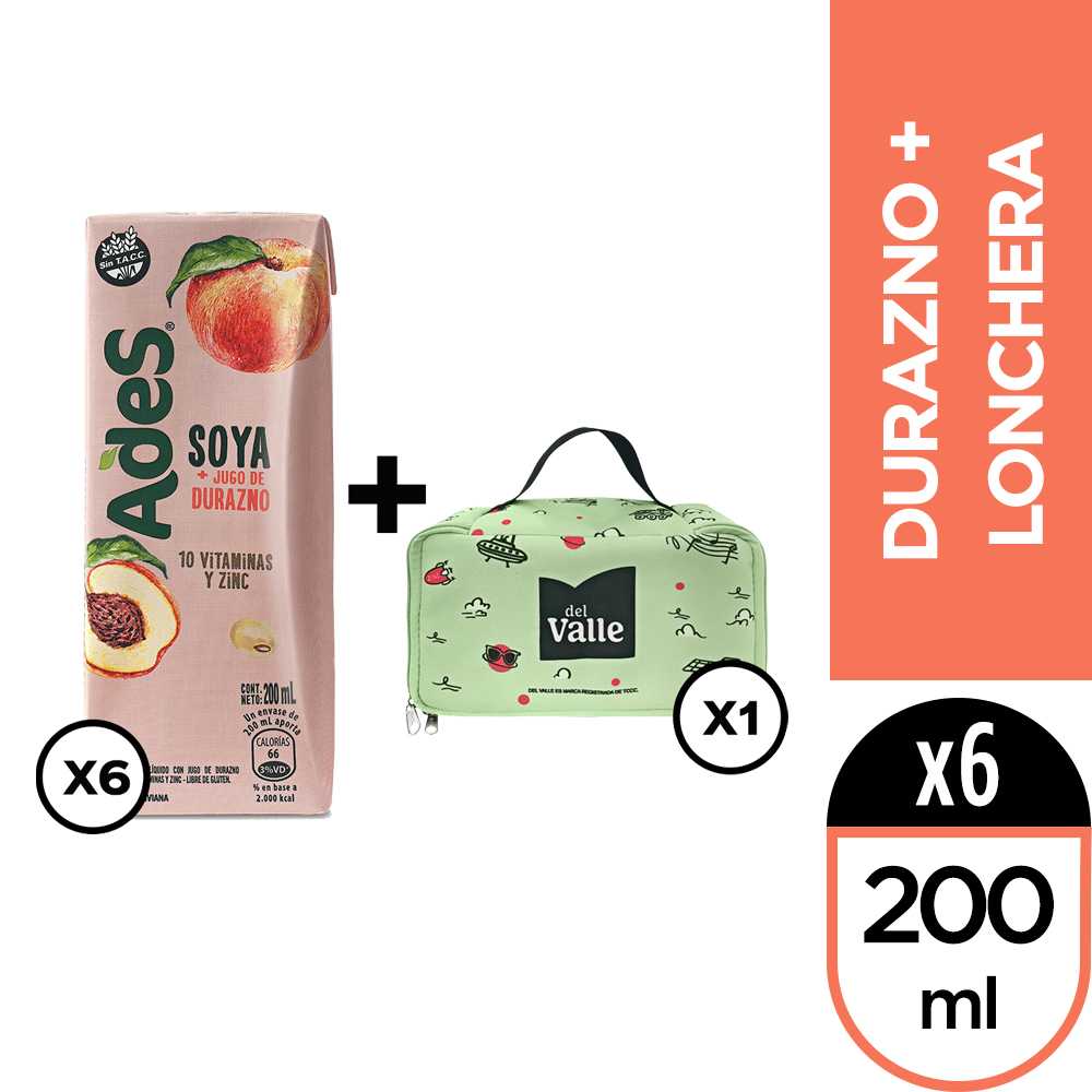 Ades durazno 200 ml 6pack + lonchera del valle