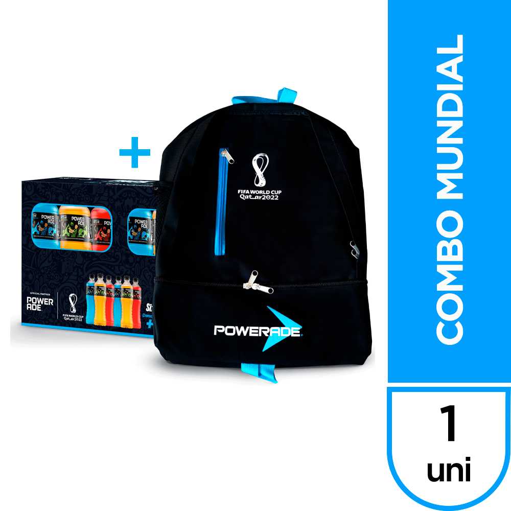 Powerade multifruta 473 ml  2 pack + powerade mora azul 473 ml 2 pack + powerade manzana 473 ml 2 pack + mochila powerade mundial