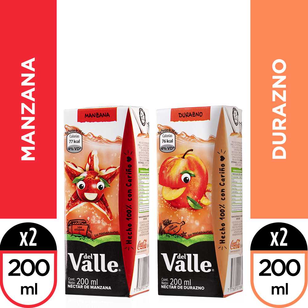 Del valle manzana 2pack 200 ml + del valle durazno 2 pack 200 ml