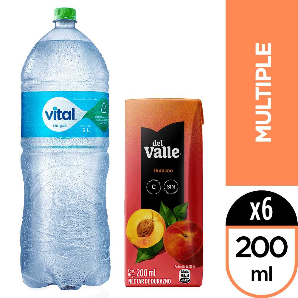 Vital 3 lt + del valle néctar durazno 200 ml 6pack