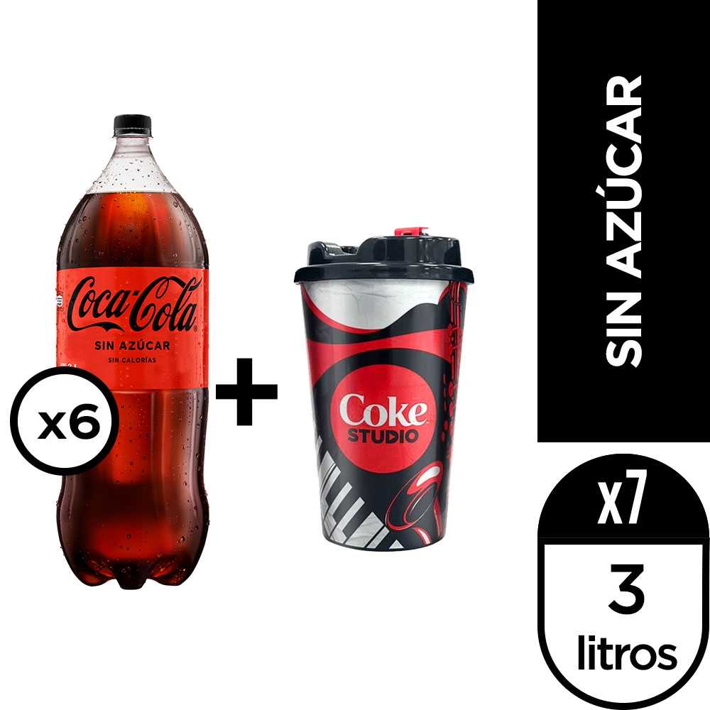Coca-cola sin azúcar 3 lt 6pack + vaso coke studio
