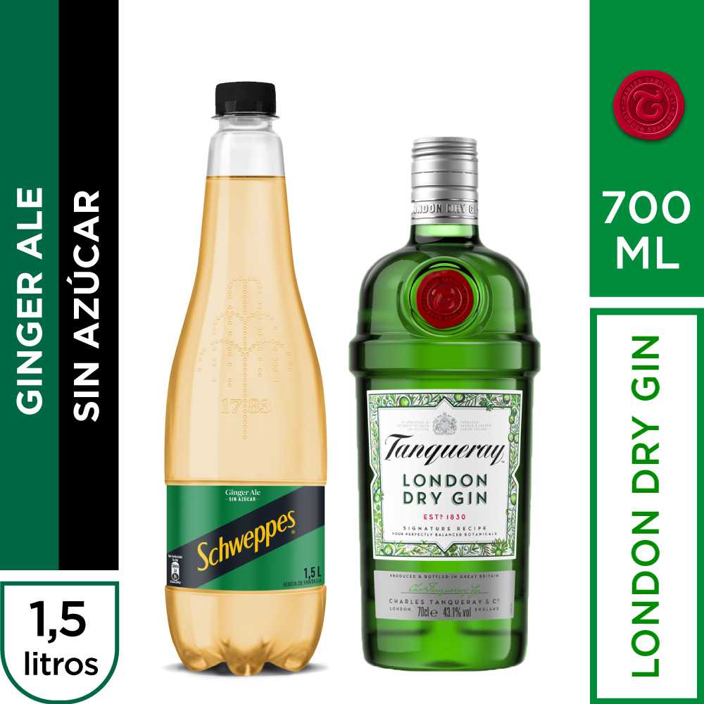 Tanqueray london 700 ml + schweppes ginger ale sin azúcar 1.5 lt