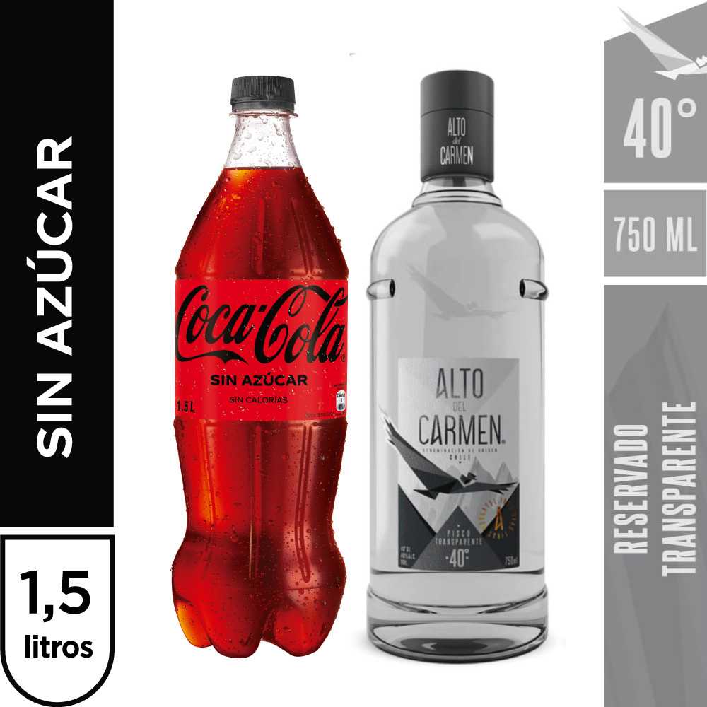 Alto del carmen transparente 40° 750 ml + coca cola zero azúcar 1.5 lt