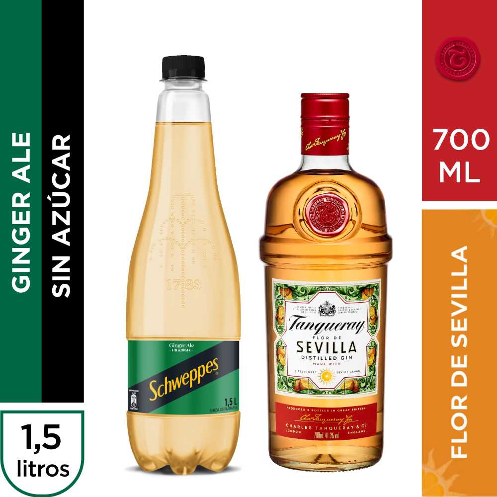 Tanqueray sevilla 700 ml + schweppes ginger ale sin azúcar 1.5 lt