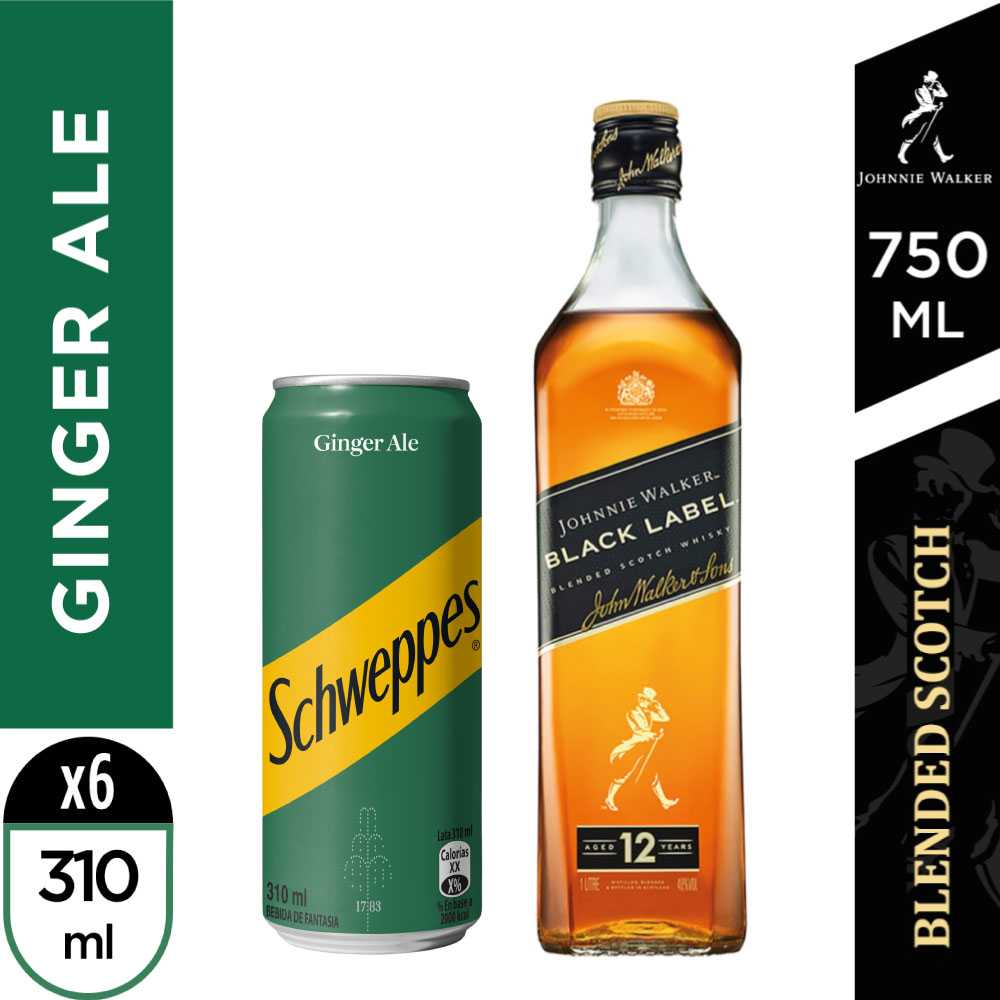 Johnnie walker black 750cc + 6 latas schweppes ginger ale 310 ml