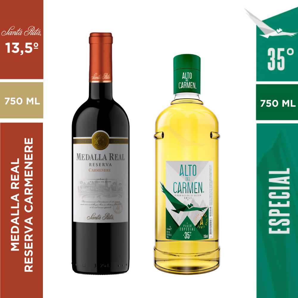 Vino medalla real reserva carmenere 750 ml + alto del carmen especial 750 ml