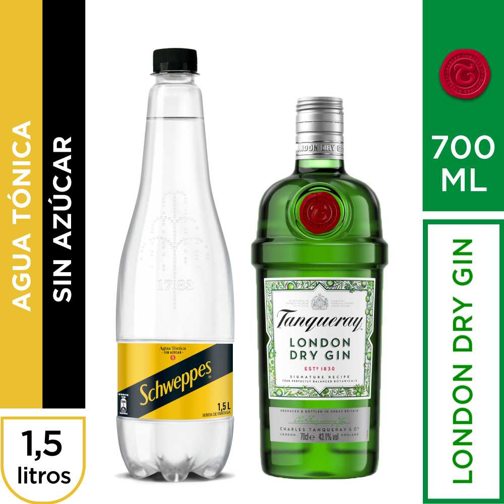 Tanqueray london 700 ml+ schweppes tónica sin azúcar 1.5 lt