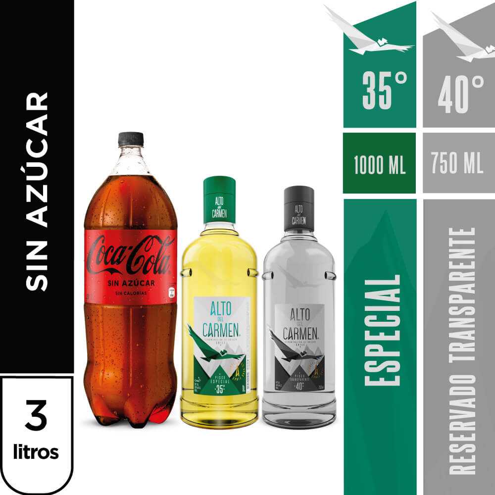 Alto del carmen 35° 1 lt + alto transparente 750 ml + coca cola sin azúcar 3 lt