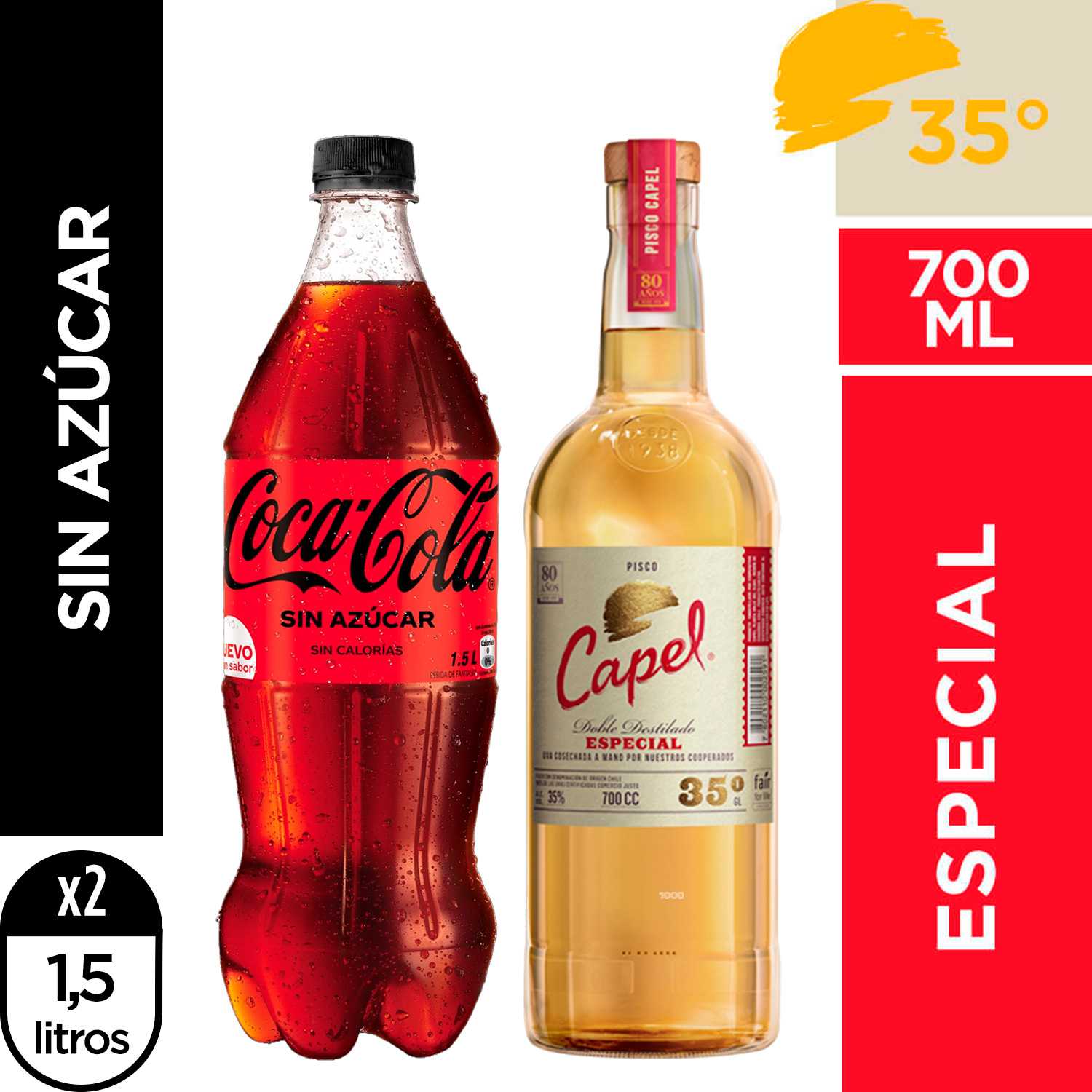 2 coca-cola zero azúcar 1,5 lt + 1 pisco capel especial 35° 700 ml