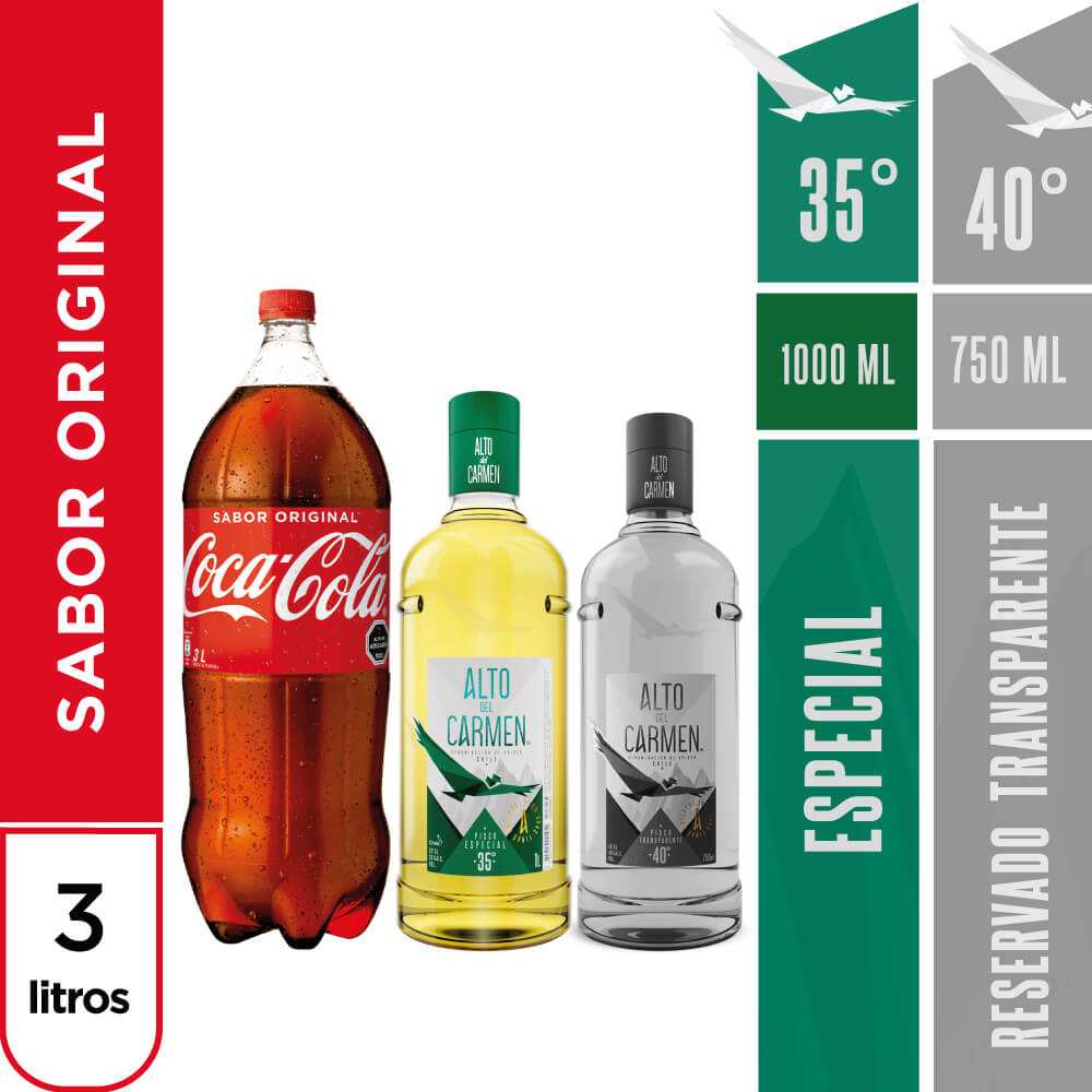 Alto del carmen 35° 1 lt + alto transparente 750 ml + coca cola original 3 lt