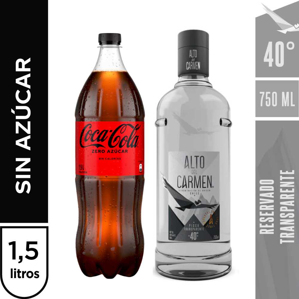 Alto del carmen transparente 40° 750 ml + coca cola zero azúcar 1.5 lt