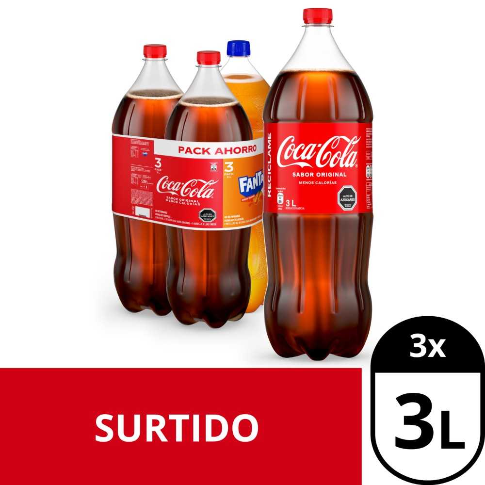 2 coca-cola sabor original 3 lt + 1 fanta naranja full sugar 3 lt