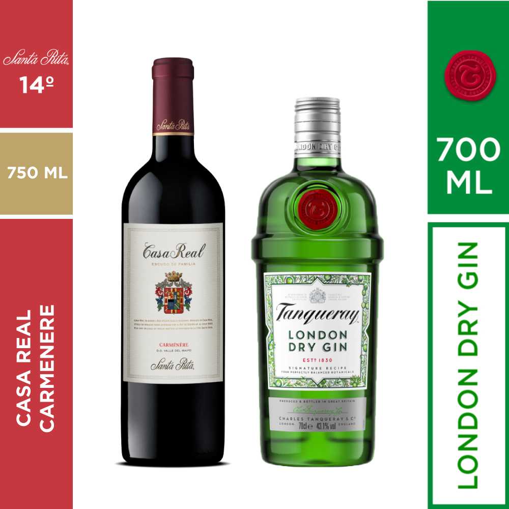 Vino casa real carmenere 750 ml + gin tanqueray london 700 ml