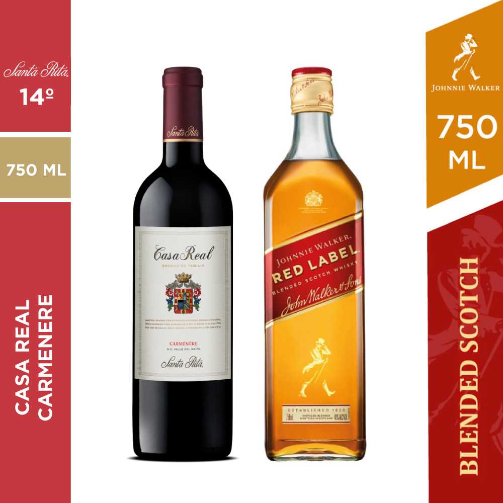 Vino casa real carmenere 750 ml + johnnie walker red 750 ml