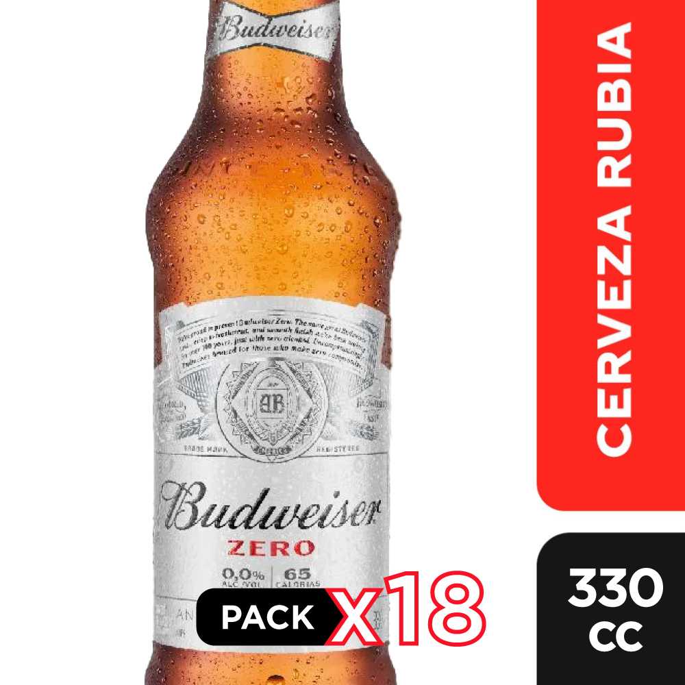 Cerveza budweiser vidrio sin alcohol 18 x 330 cc