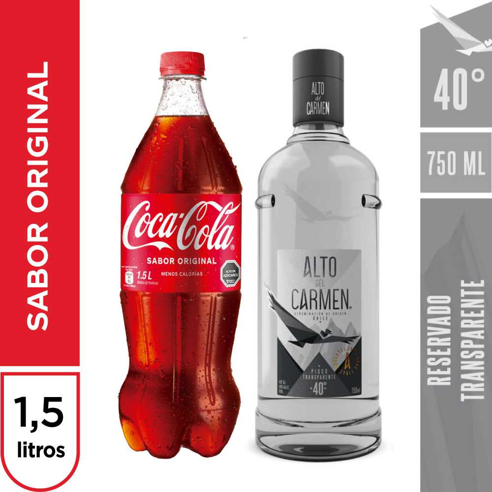 Alto del carmen transparente 40° 750 ml + coca cola original 1.5 lt