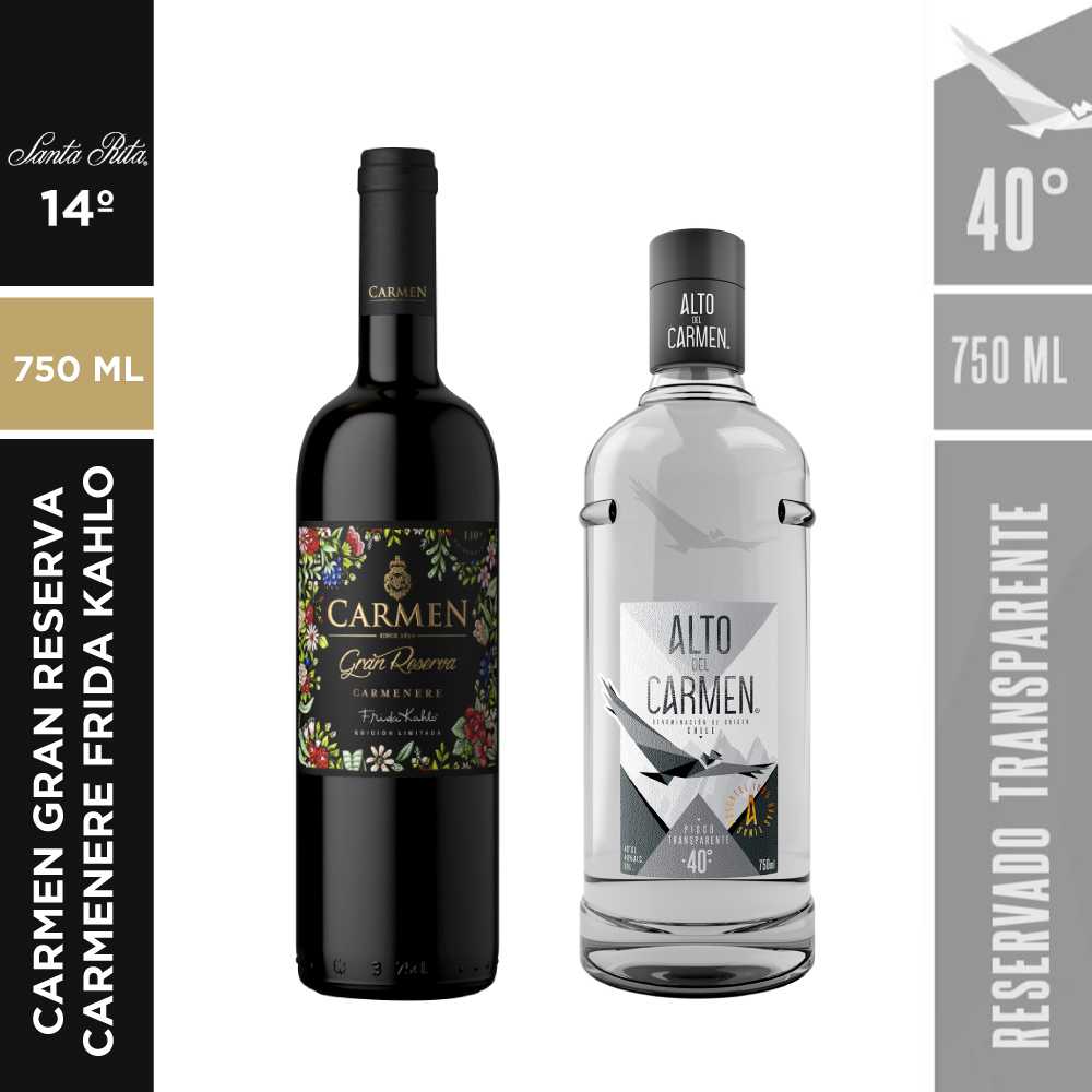 Vino carmen gran reserva frida kahlo 750 ml + alto del carmen transparente 750 ml