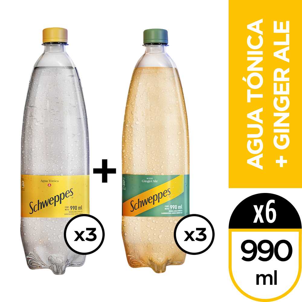 Schweppes agua tónica 990 ml paquete de 3 + Schweppes ginger ale 990 ml paquete de 3