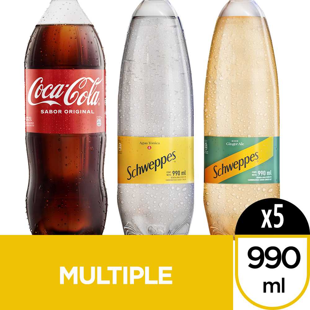 Coca-Cola 2 litros + Schweppes agua tónica 990 ml paquete de 2 + shweppes ginger al 990 ml paquete de 2