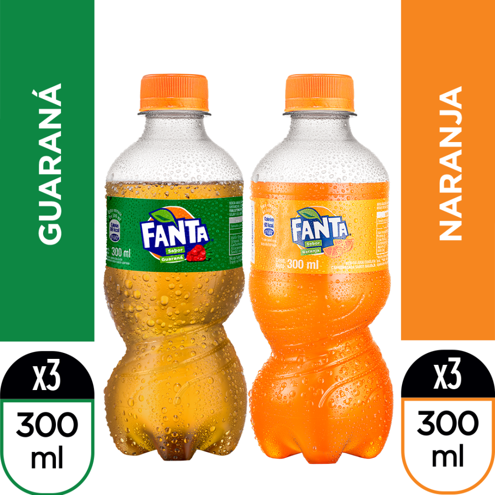 Fanta guaraná 300 ml paquete de 3 + Fanta naranja 300 ml paquete de 3
