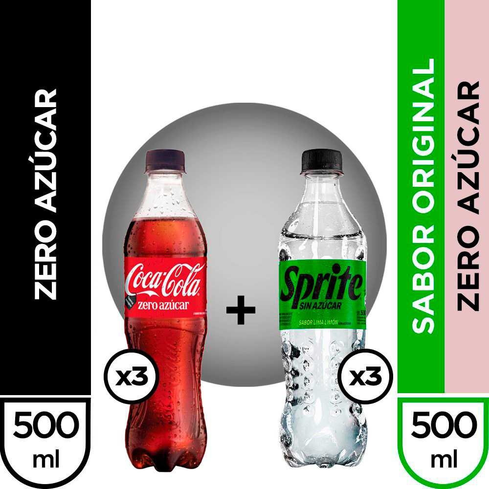 Coca-Cola zero azúcar 500 ml paquete de 3 + Sprite sin azúcar 500 ml paquete de 3