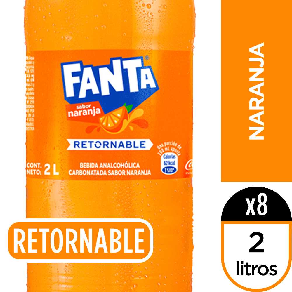 Fanta naranja retornable 2 litros paquete de 8 + canastillo