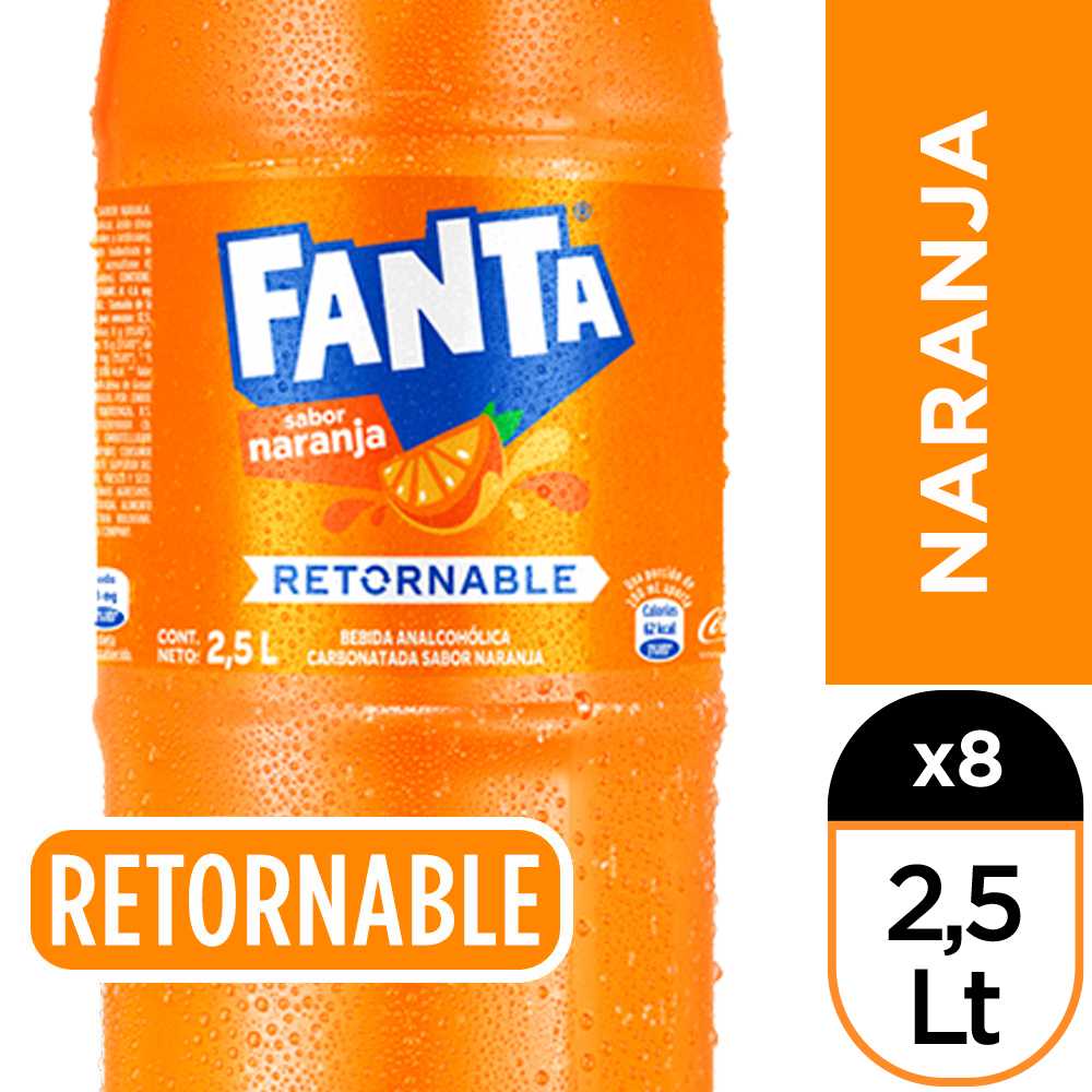Fanta naranja retornable 2.5 litros paquete de 8 + canastillo
