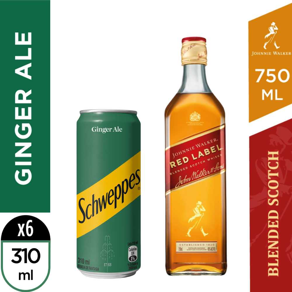 Johnnie walker red 750cc + 6 latas schweppes ginger ale 310 ml