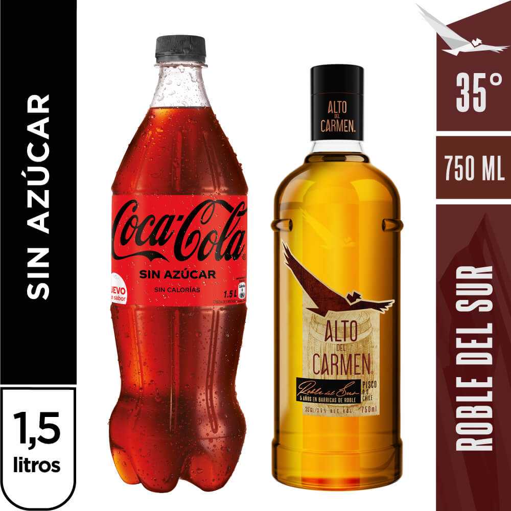 Pisco roble del sur 750 ml + coca-cola zero azúcar 1,5 lt